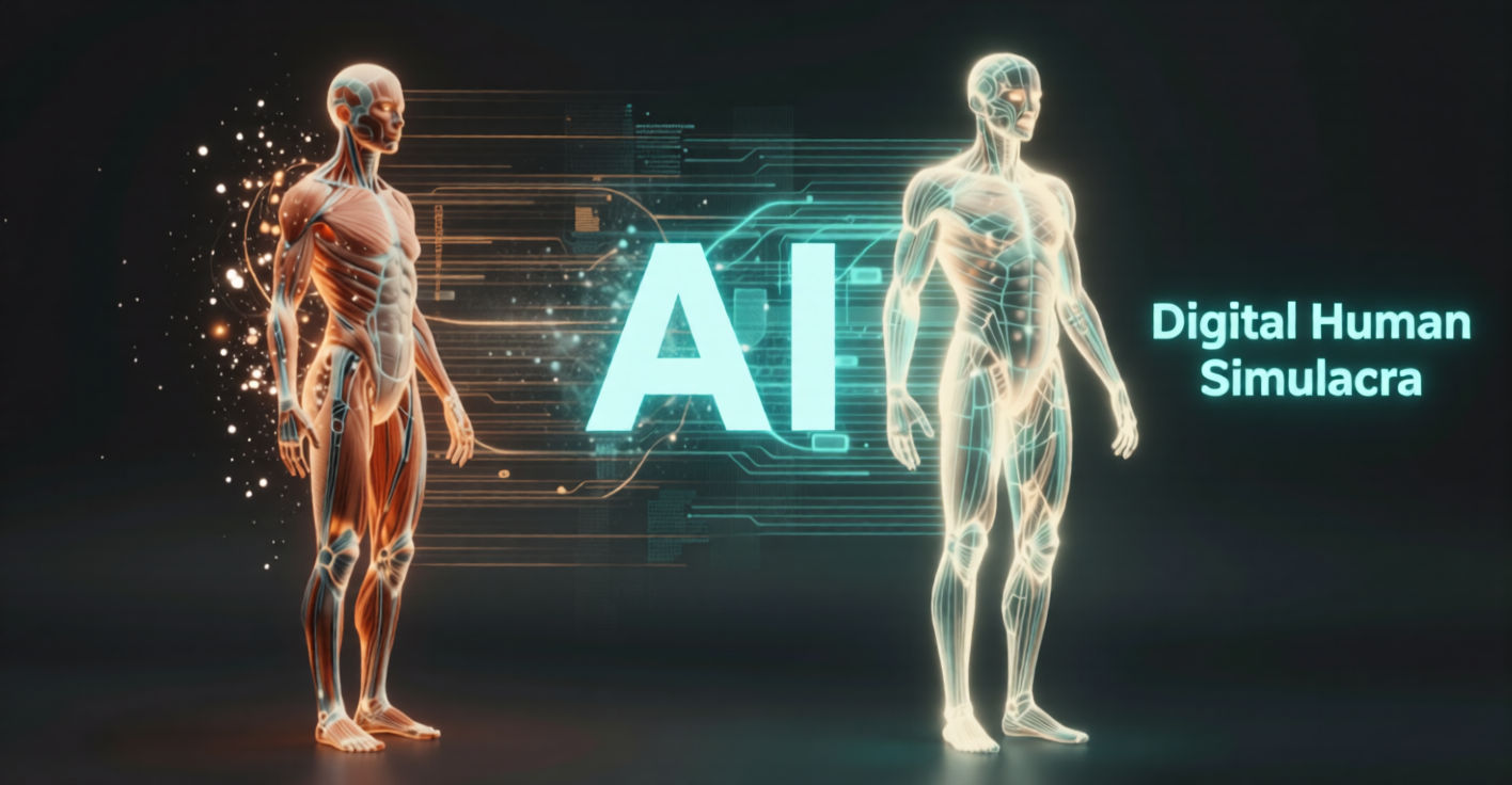 A human being digitized through AI into a glowing digital human simulacrum